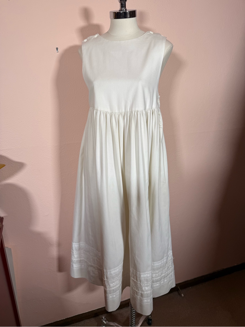 Vintage Handmade White Cottagecore Jumper Maxi Dress French Ribbon Trim Small